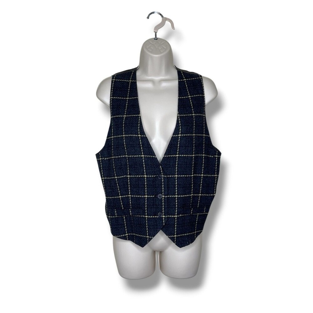 Vintage Miss Pendleton Virgin Wool Windowpane Plaid Vest Size 14 Made USA Gray